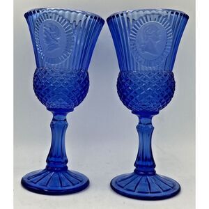 Vtg  Avon George & Martha  Washington Blue Glass Water Goblets MCM Set of 2
